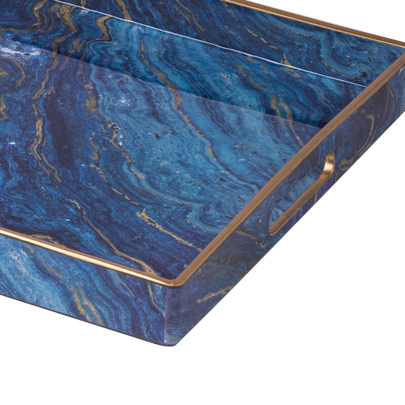 19, 18 Inch Set of 2 Modern Decorative Trays, Blue Pattern with Gold Rim-Benzara image number 4