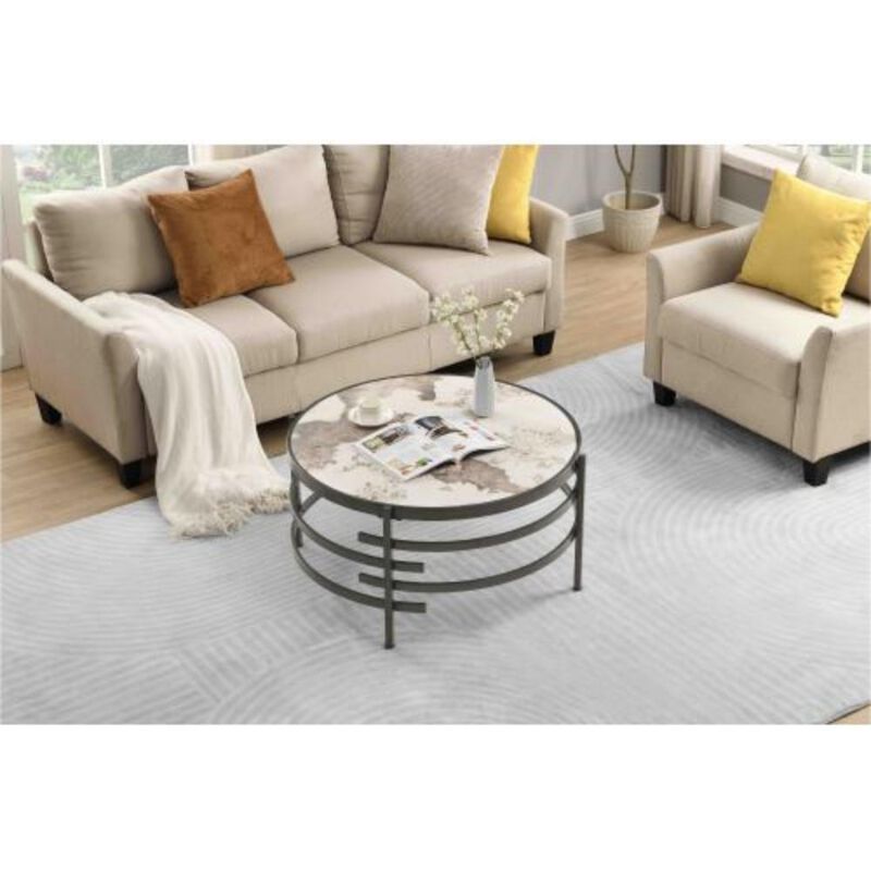32.48'' Round Coffee Table With Sintered Stone Top&Sturdy Metal Frame, Modern Coffee Table for Living Room, Darker Gray image number 3