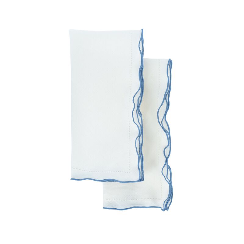 Linen Napkins With Blue Ruffled Hemstitch Edges, Set of 4