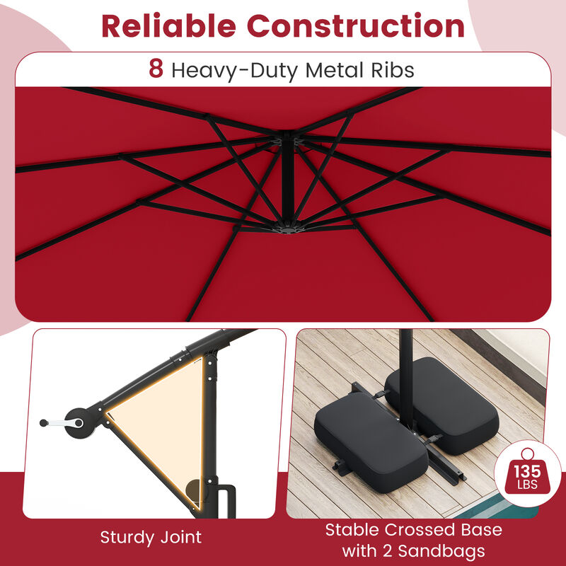 10-Ft Solar Offset Hanging Patio Umbrella with LED Lights and Base image number 4