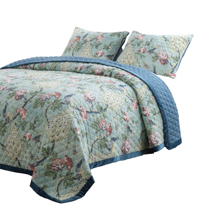 Eden 3 Piece King Quilt Set, Peacock Print, Green Microfiber - Benzara