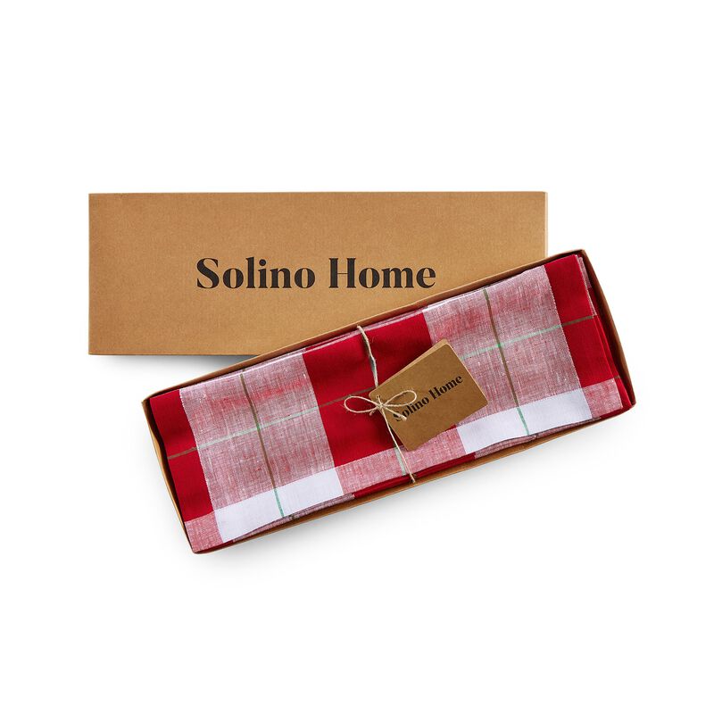 Solino Home Very Merry Plaid 100% Linen Square Placemats &ndash; Set of 4, 14 x 14 in, Machine Washable, Holiday and Everyday Dining