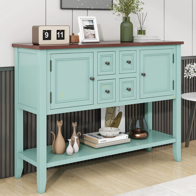 Whisen Vintage Console Table with Four Small Drawers and Bottom Shelf for Living Rooms, Entrances and Kitchens - Retro Blue
