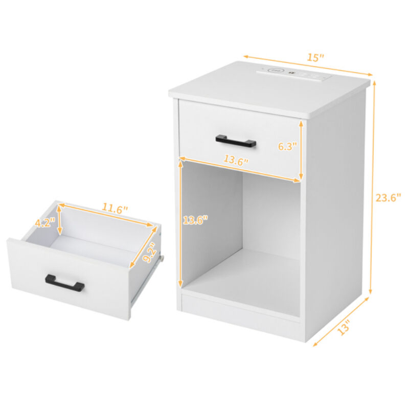 Nightstand with LED Light Single Drawer and Built-in Socket for Bedroom