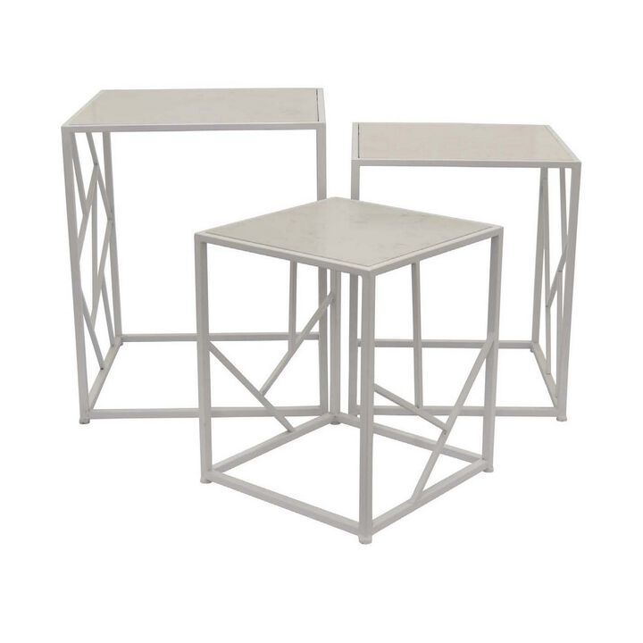 Laury 24 Inch Plant Stand Table Set of 3, Square, Metal, White Finish - Benzara