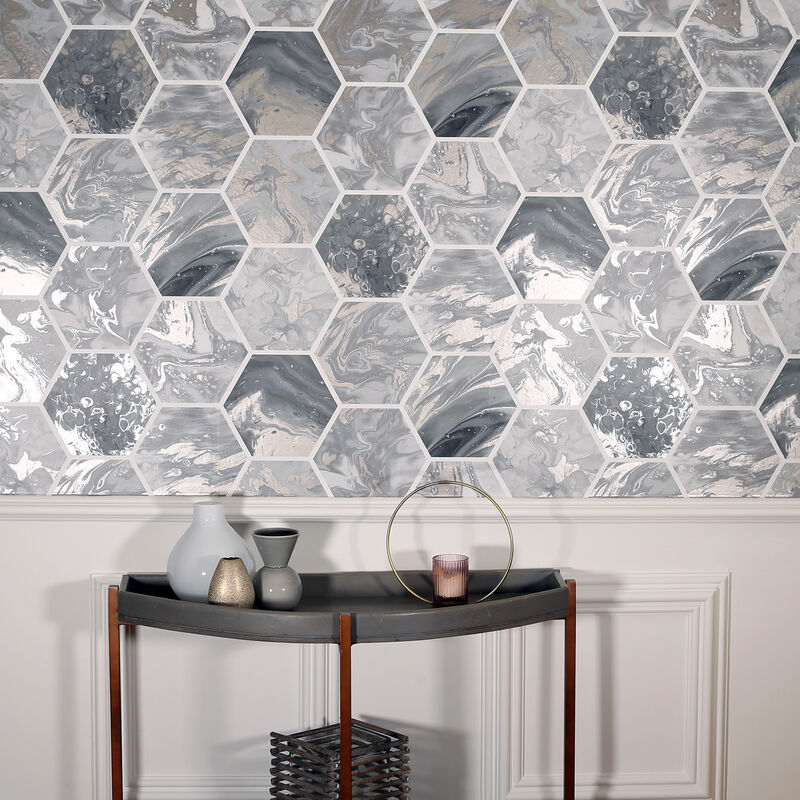 Marlon Charcoal Hexagon Tiles Wallpaper image number 2