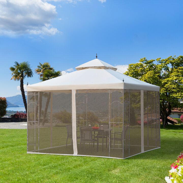 Cream Outdoor Entertaining: 10x10 Steel Gazebo with Mesh Curtains & Shelves