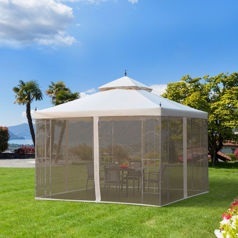 10' x 10' Steel Outdoor Patio Gazebo Canopy with Removable Mesh Curtains, Display Shelves, & Steel Frame, Cream White