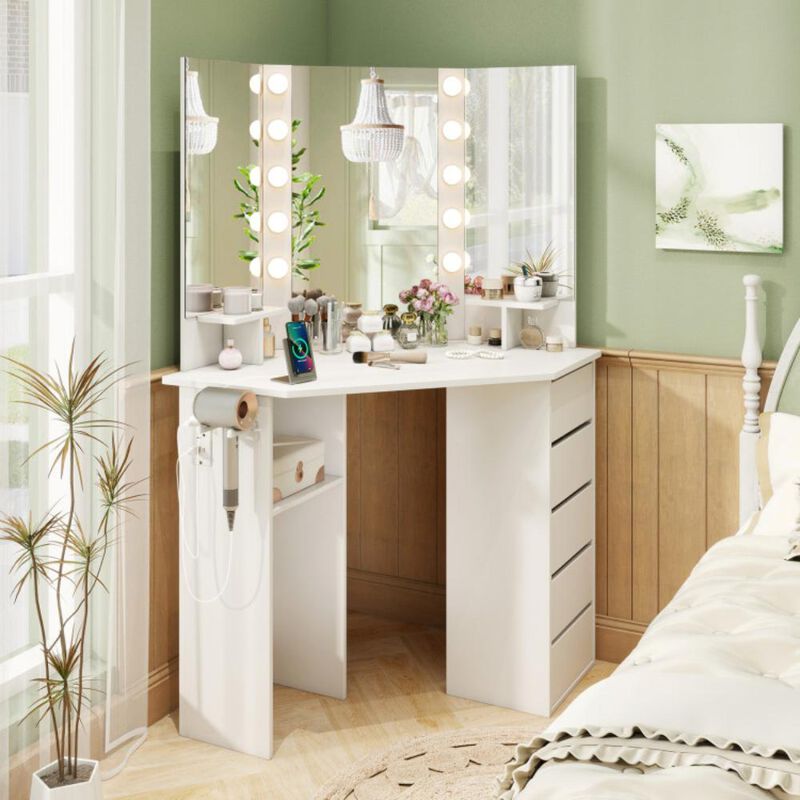 Hivvago Corner Vanity Desk with 3-Color LED Lighted Mirror and Power Outlet