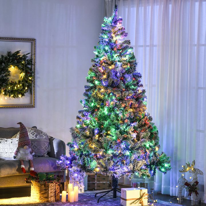 BreeBe 7.5 ft Prelit Artificial Snow Christmas Tree with Sturdy Steel Base