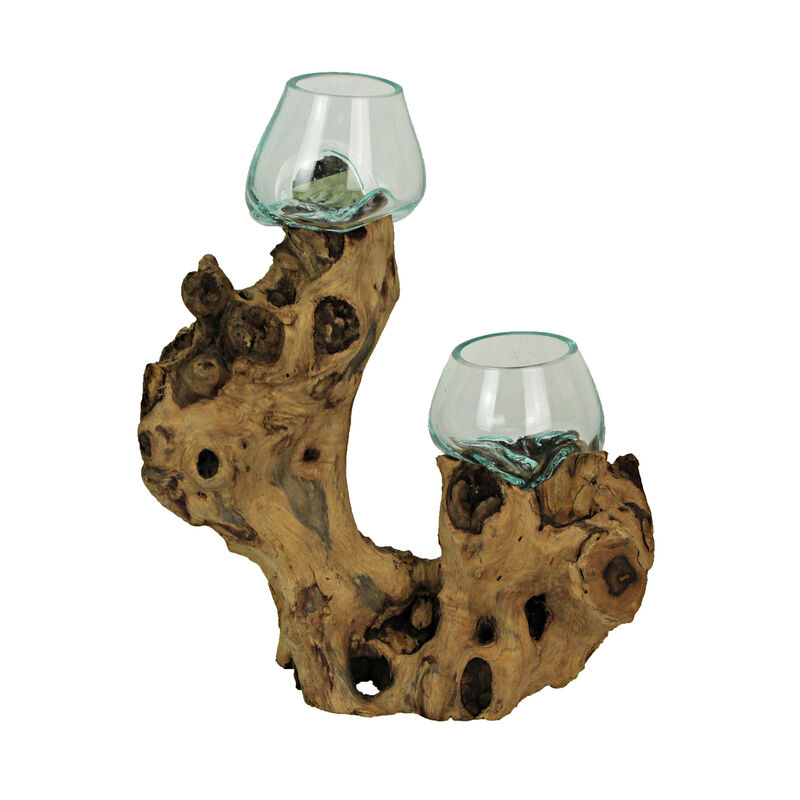 Molten Glass On Root Wood Double Decorative Bowl Vase image number 0