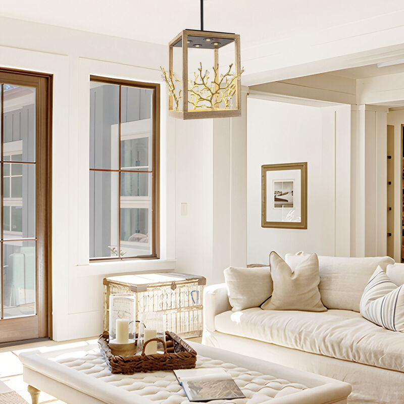 4-Light Modern Black Faux Wood Cage Frame Geometric Chandelier