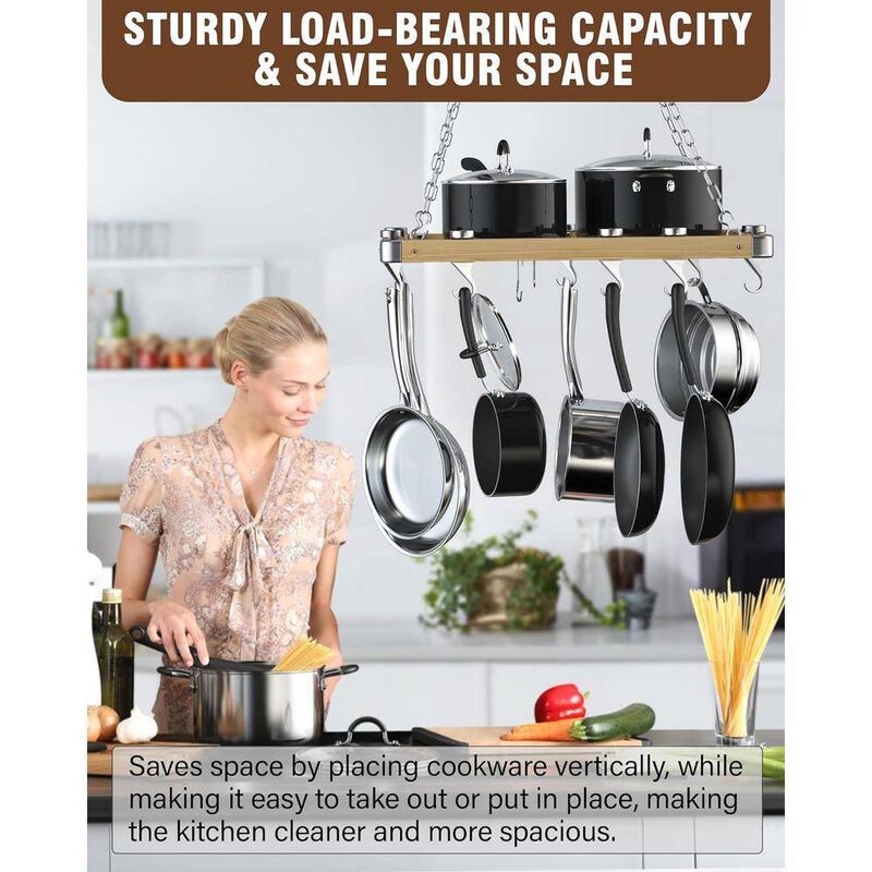 Contemporary Ceiling Mounted Kitchen Pot Rack &ndash; Metal and Wood Rectangular Organizer