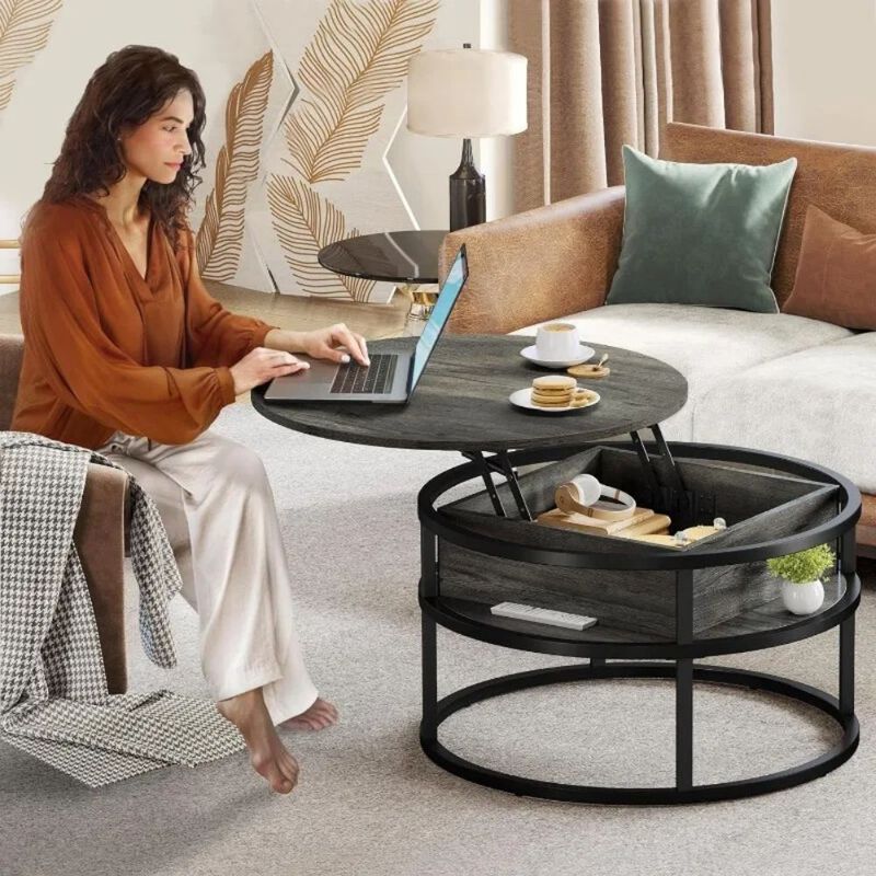 Round Lift Top Coffee Table with Hidden Storage Compartment for Home, Office, Living Room,Grey