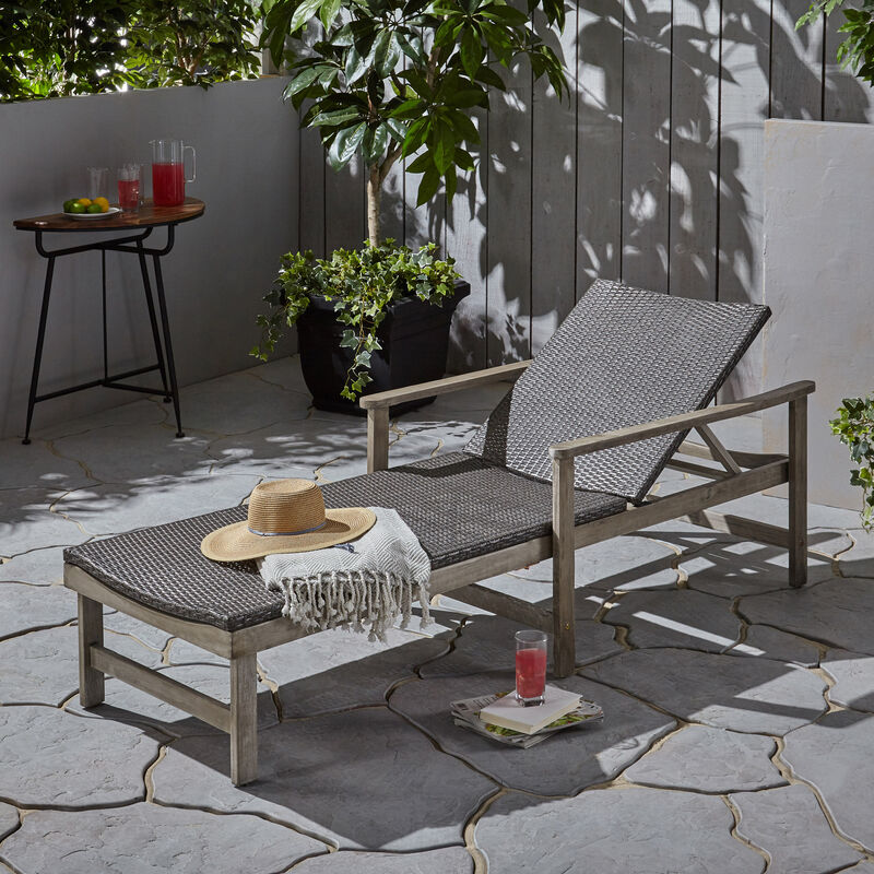 Merax Acacia Wood Adjustable Chaise Lounge Outdoor Patio Chair with Armrests Resistant Sun Lounger