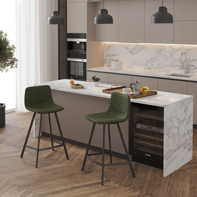 Elland Modern Upholstered Leather Bar Stool With Black Iron Legs & Footrest