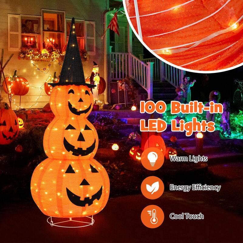 Lighted Stacked Pumpkins Halloween Decoration with Witch Hat image number 6