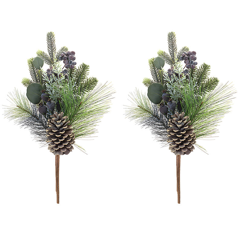 Set of 2 Pine, Berry, and Eucalyptus Picks – Polyester/PVC Christmas Decorations for Home, Table, and Winter Display