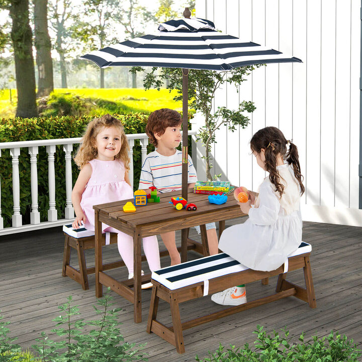 Picnic Table and Bench Set with Cushions and Height Adjustable Umbrella