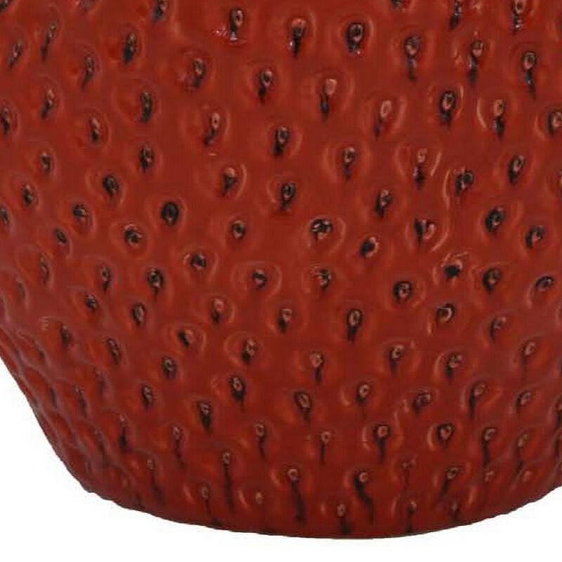 Oriha 18 Inch Plant Stand Garden Stool, Strawberry, Dotted, Red Ceramic - Benzara