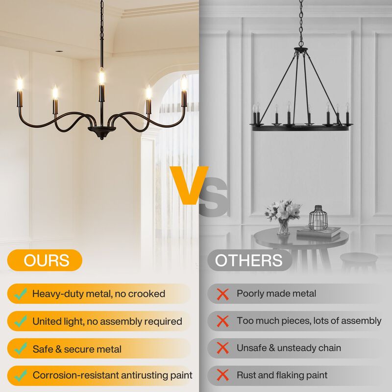 Matte Black Five-Light Modern Chandelier, Adjustable Rotating Arms image number 7