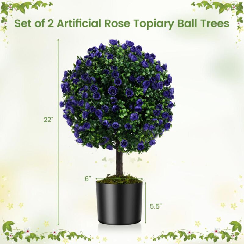 Hivvago 22 Inch Set of 2 Artificial Purple Rose Topiary Ball Trees with Cement-Filled Pot