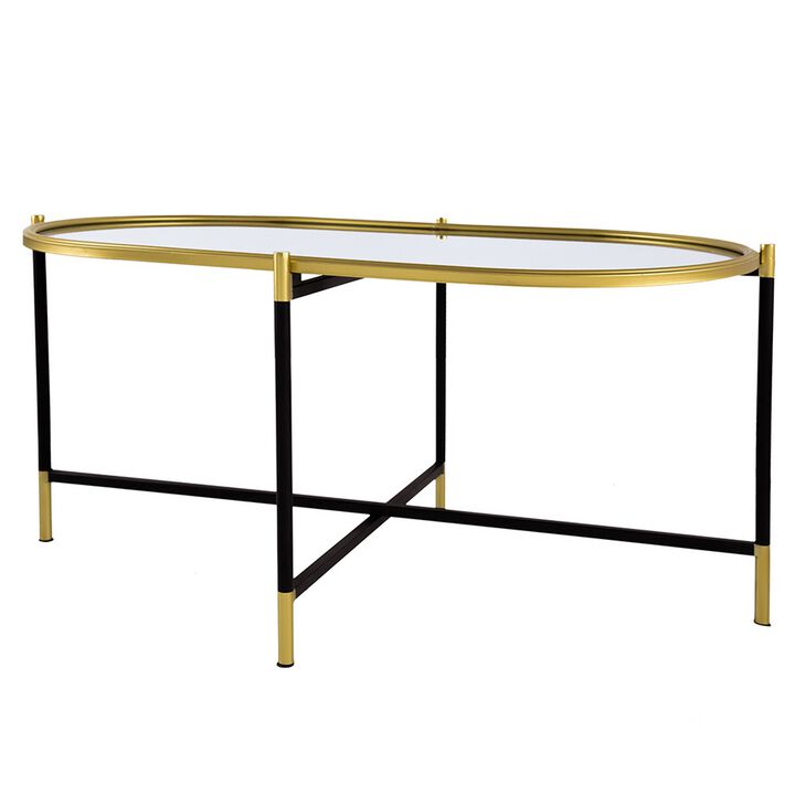 43 Inch Elongated Mirror Top Coffee Table, Iron Frame, Gold Finish, Black-Benzara