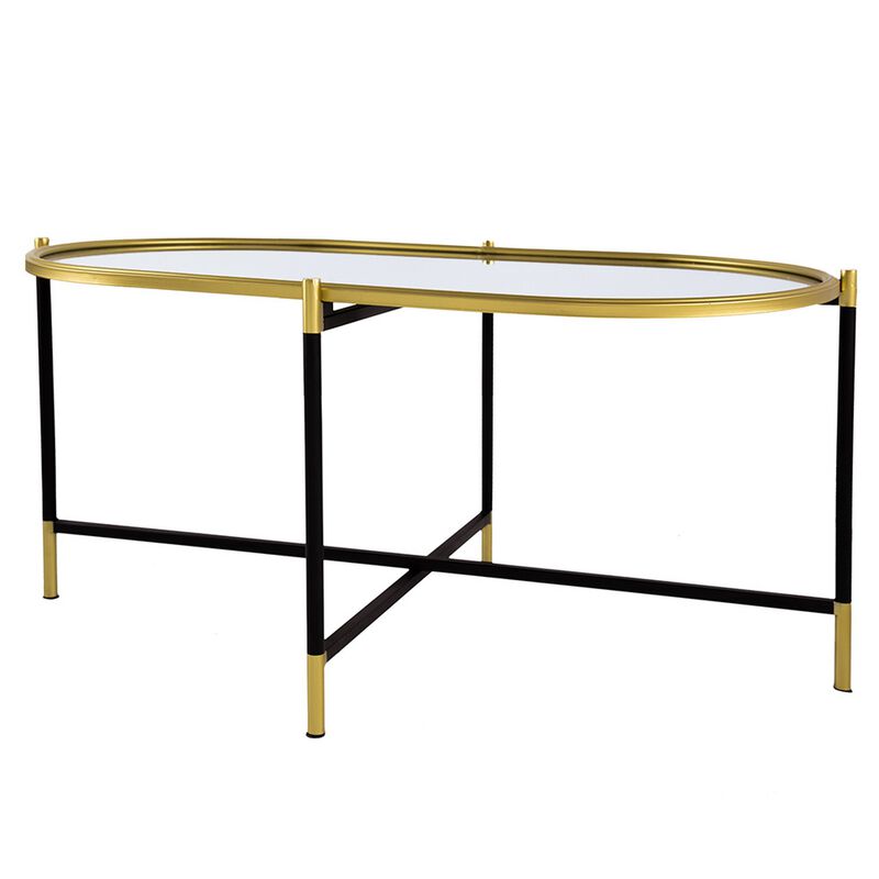 43 Inch Elongated Mirror Top Coffee Table, Iron Frame, Gold Finish, Black image number 1