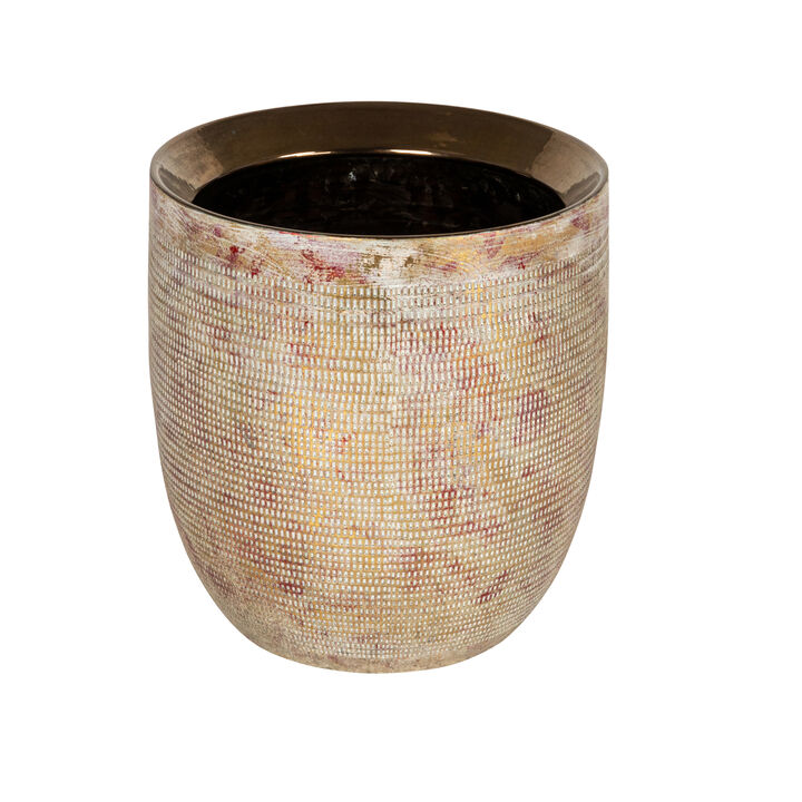 Embossed Textured Stoneware Planter, Metallic Gold