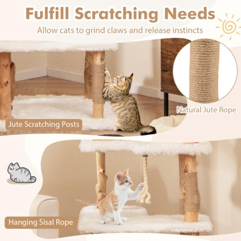 Hivvago 60 Inch Tall Solid Wood Cat Tree Modern Wooden Cat Tower with 2 Perches