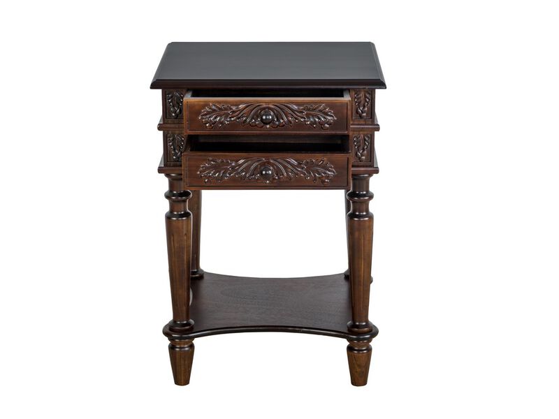 2 Drawer End Table with Intricate Carvings and Open Bottom Shelf, Brown