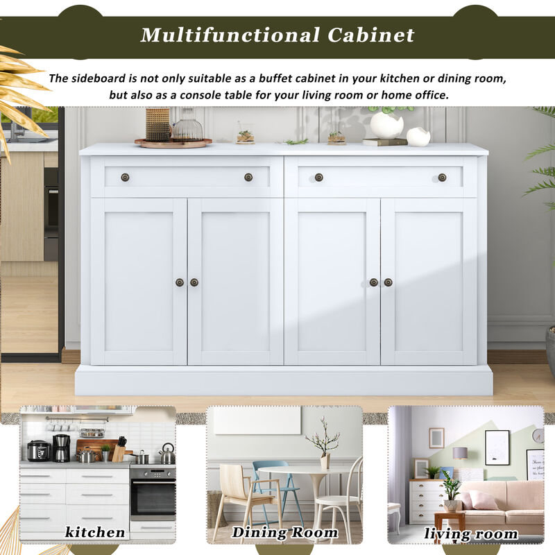 Kitchen Sideboard Storage Buffet Cabinet with 2 Drawers & 4 Doors Adjustable Shelves for Dining Room, Living Room (White)