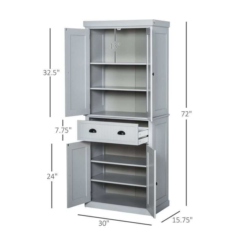 72" Gray Kitchen Pantry: Freestanding, Drawer, 4 Doors
