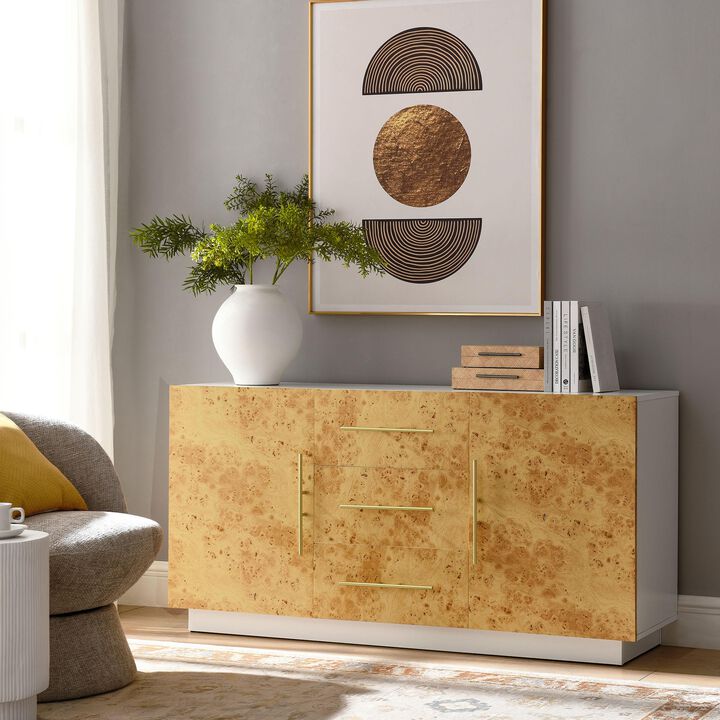 Modway ABEL 59 Inch Sideboard Storage Cabinet with Doors and Drawers in White Bleached Burl - Burl Wood Laminate Dining Room Buffet - Living Room Accent Credenza with Shelves for Wall Mounted TVs