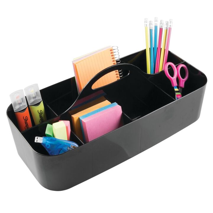 mDesign Large Plastic Divided Office Organizer Caddy Tote with Handle - Black