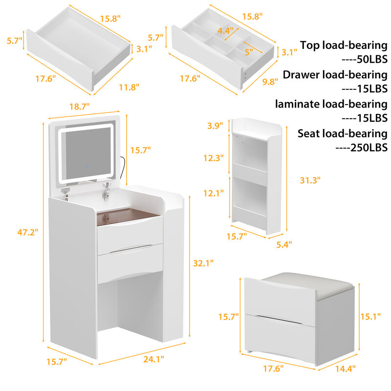 FUFU&GAGA Makeup Vanity with LED Lighted Mirror, Storage Drawers, Shelves, and Cushioned Stool (24.1" W x 15.7" D x 47.2" H), White