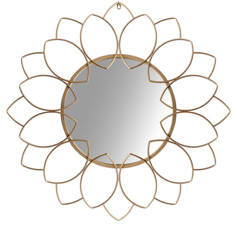 Round Metal Decor Wall Mirror with Oval Motif, Brown and Gold-Benzara