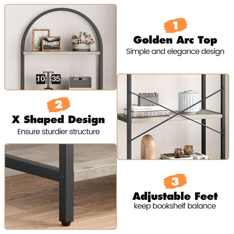 Modern Industrial Arched 5-Tier Open Bookshelf, Curved Metal Frame Freestanding Storage Display Shelf for Living Room, Bedroom & Home Office image number 2