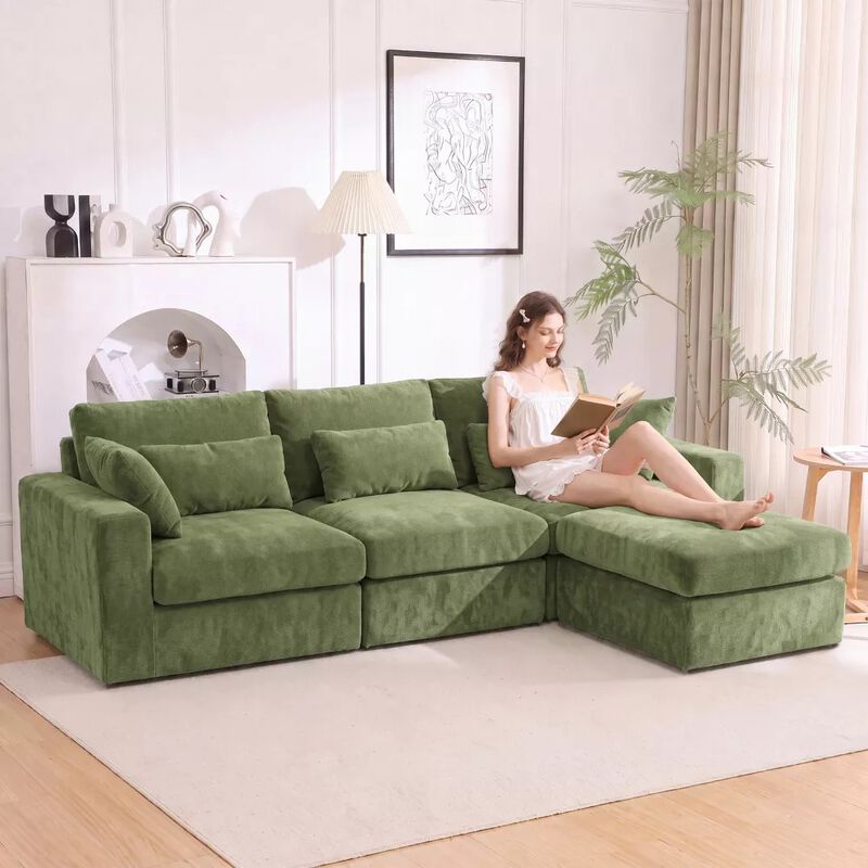 Vipbear 122 Inch L Shaped Chenille Modular Cloud Sectional Sofa with Movable Ottoman, Living Room image number 9