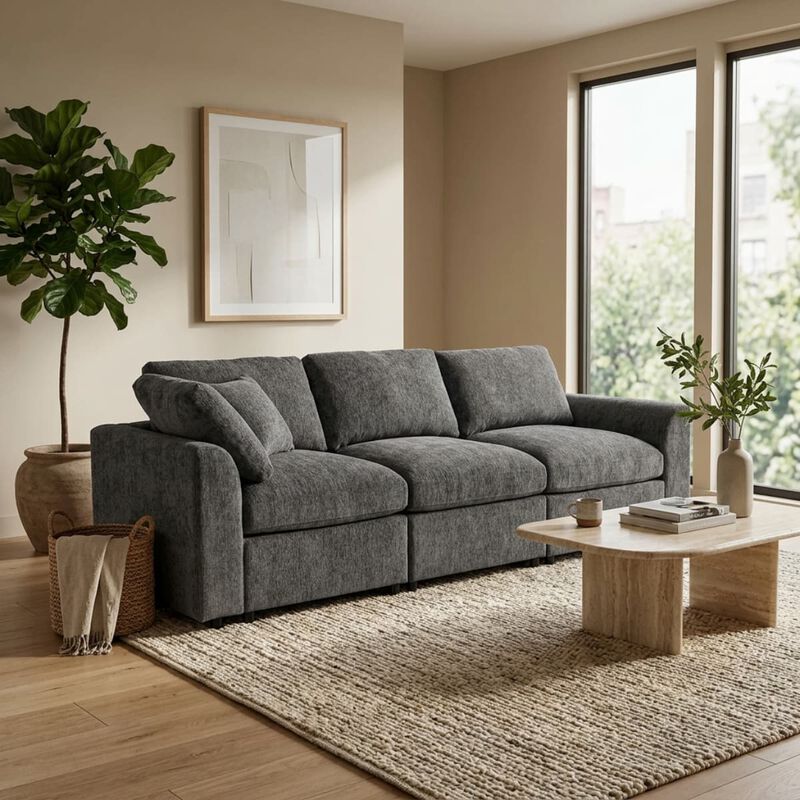 Chenille 3 seater sofa, U style deep seat couch with throw pillow, Contemporary living room sofa with solid wood frame image number 1