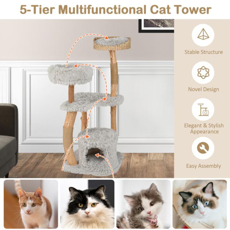 Hivvago Solid Wood Cat Tower with Top Cattail Basket Cat Bed