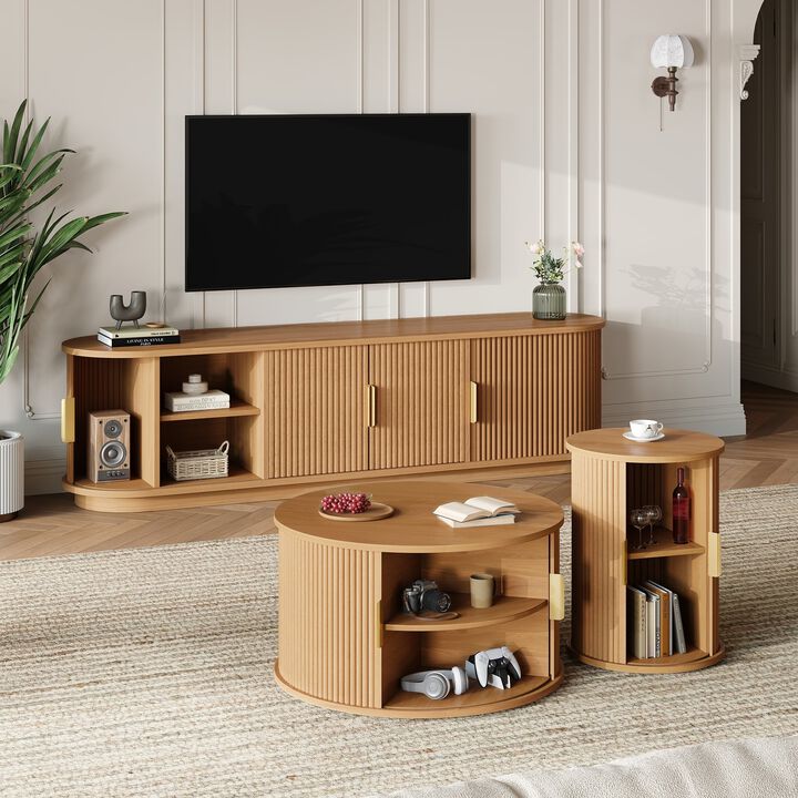 Clihome Wooden TV Stand Coffee Table Set with Fluted Sliding Door for Living Room