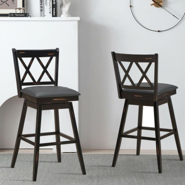 2 Pieces 29 Inch Swivel Counter Height Barstool Set With Rubber Wood Legs-Black