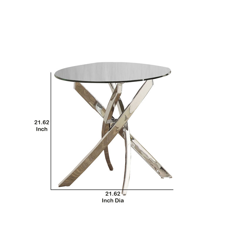 Round Glass Top End Table with Criss Cross Metal Base, Silver-Benzara