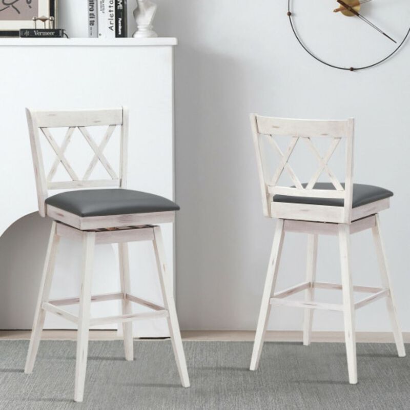 2 Pieces 29 Inches Swivel Counter Height Barstool Set with Rubber Wood Legs-White