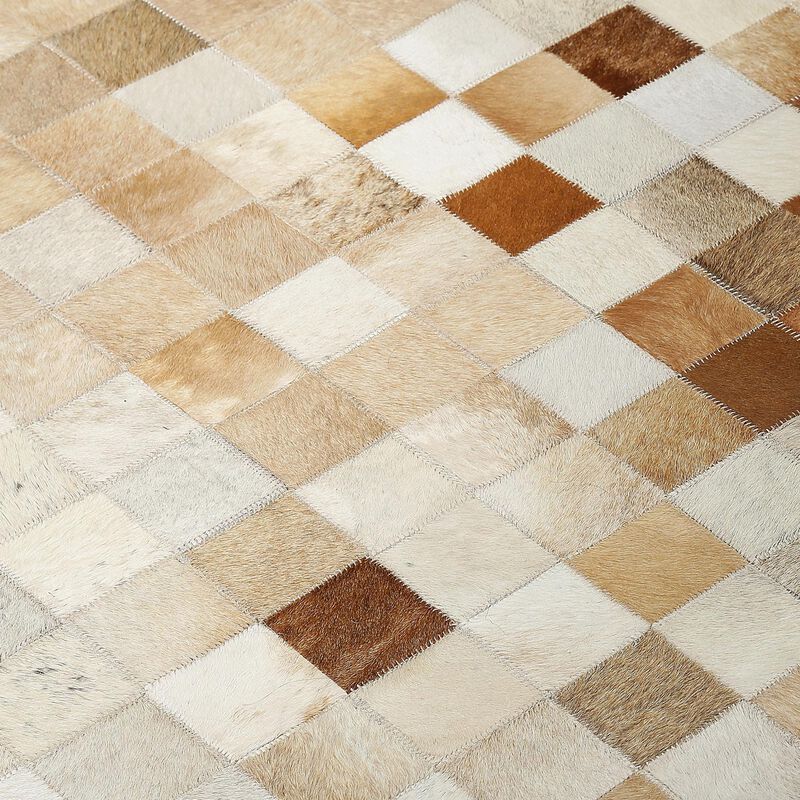 Brown & Cream Checkered Pattern Patchwork Calfskin Rug image number 5