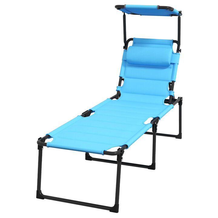 Outsunny Outdoor Lounge Chair, 4 Position Adjustable Backrest Folding Chaise Lounge, Cushioned Tanning Chair with Sun Shade Roof & Pillow Headrest for Beach, Camping, Hiking, Backyard, Light Blue