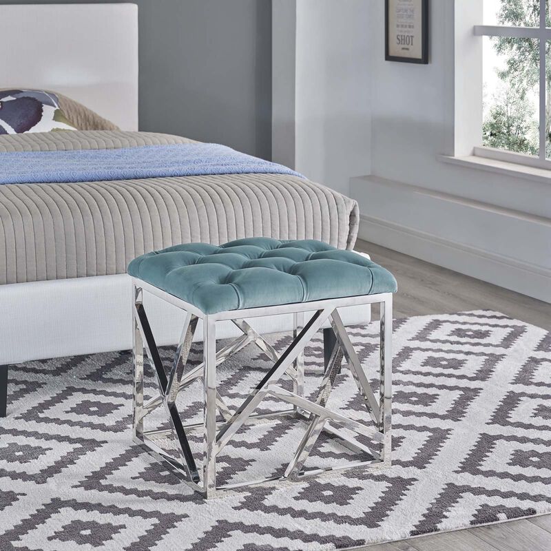 Modway Intersperse Tufted Modern Ottoman With Silver Stainless Steel Geometric Frame In Sea Blue image number 4