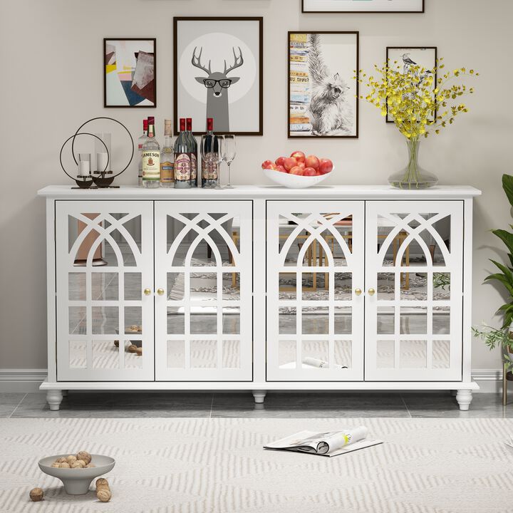 White Wooden 63 in. W, Mirrored Accent Strorage Cabinet, Sideboard with 4 Shelves and 4 Elegant Feet