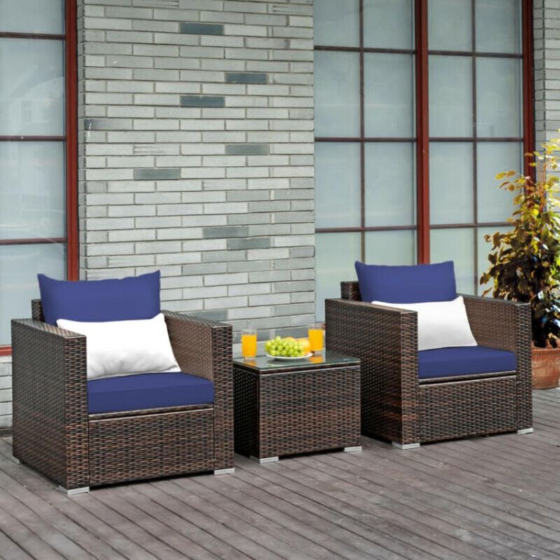 Hivvago 3 Pieces Patio Conversation Rattan Furniture Set with Cushion